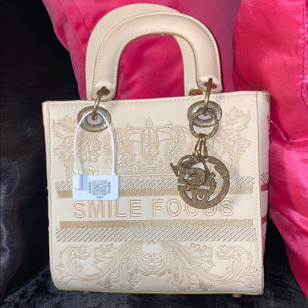 Cream Embroidered Tote Bag with Gold Accents